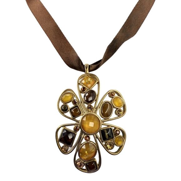 Yellow Austrian Crystal Large Flower Pendant Satin Necklace 22” Cottagecore - Picture 2 of 9